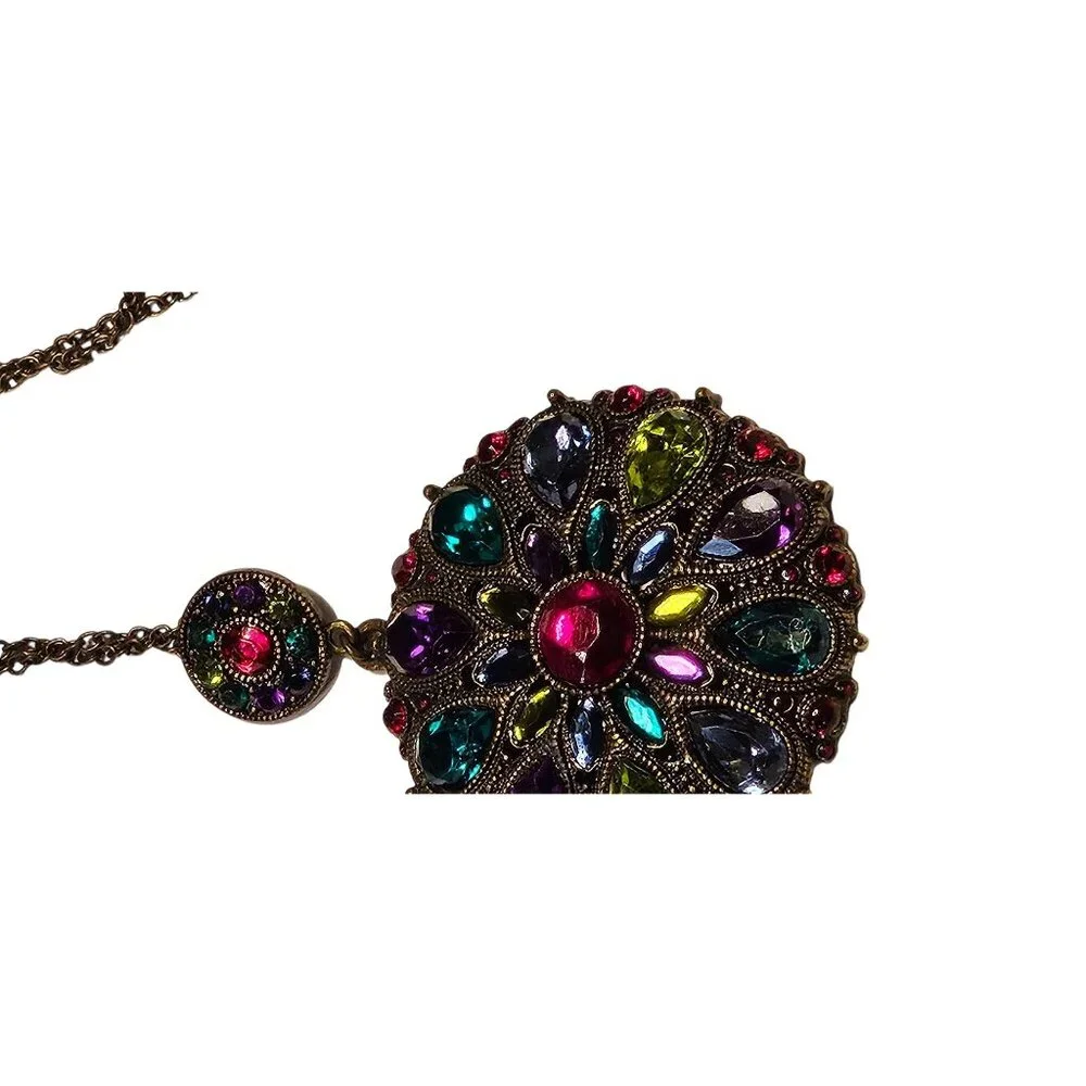 Vintage‎ Necklace Pendant Large Gothic Multicolor & Amber Beaded Hoop Earrings